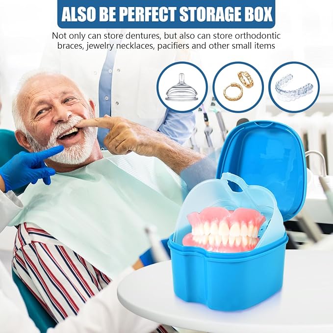 Light Blue Denture Bath Case Cup Box Holder Storage Container with Denture Cleaner Brush Strainer Basket for Travel Cleaning