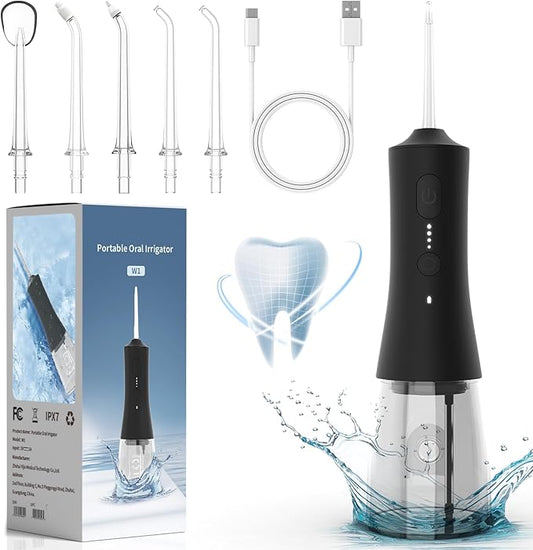 Water Flosser Cordless Rechargeable, 265ML Oral Irrigator with 4 Modes & 6 Nozzles, IPX7 Waterproof, 60-Day Battery, Portable Travel Electric Dental Flosser for Teeth Cleaning and Gum Care, W1