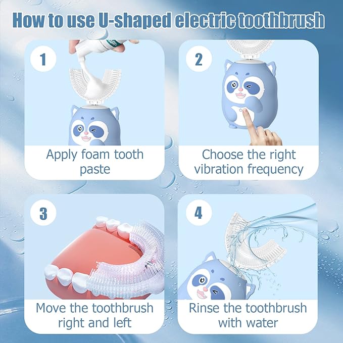 Kids Electric U Shaped Toothbrush Children Rechargeable Sonic Toothbrush with 4 Brush Heads Full Mouth 6 Cleaning Modes - (Age 2-7, Pink)