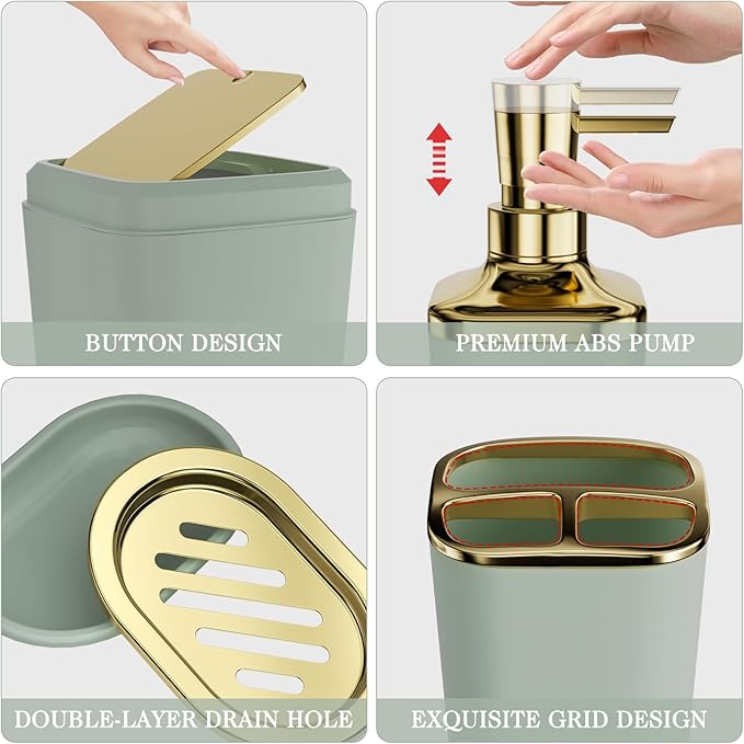 Bathroom Accessories Set - 25PC Bathroom Set with Shower Curtain and Rugs, Sage Green Bathroom Set, Bathroom Accessory Set with Press-on Lid Trash Can, Soap Dispenser and Qtip Holders