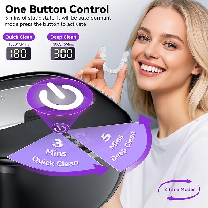 Ultrasonic Retainer Cleaner, 45kHz Dental Cleaning Pod for Dentures, Aligners, Night Guards & Jewelry, 150ML Denture Cleaner 2 Timed Modes & Travel Design