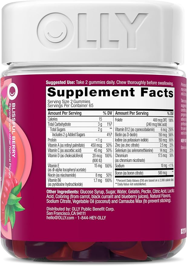 OLLY Women's Daily Multivitamin Gummy, Vitamins A, D, C, E, Biotin, Folic Acid, Adult Chewable Vitamin, Berry Flavor, 65 Day Supply - 130 Count