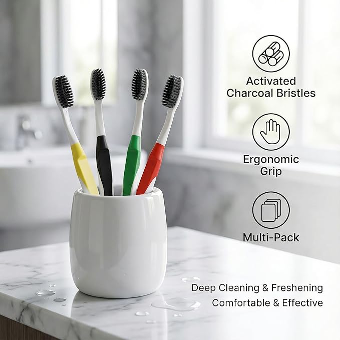 Dolphin Charcoal Toothbrush Extra Soft Bristle Manual Soft Long Flossing, Ultra Clean Toothbrush, Good for Sensitive Teeth and Gums (Red, Charcoal 4 Packs)