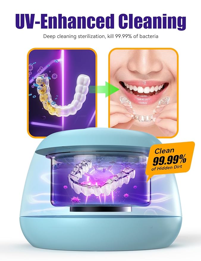 Ultrasonic Retainer Cleaner, EVA BELLE Denture Retainer Cleaner Machine, Tooth Cleaner for Oral Dental Care, Portable Rechargeable Dental Cleaning Pod for Night Guards, Braces, Aligner, Jewelry