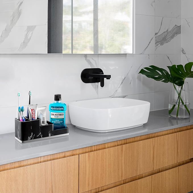 VITVITI Toothbrush Holder for Bathroom, Bathroom Organizer Countertop, 5 Compartment Bathroom Accessories Storage for Toothpaste/Vanity Counter, Black Resin of Marble Color