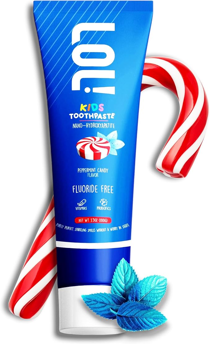 LOL Kids Fluoride-Free Toothpaste 2-Flavors Pack | Nano-Hydroxyapatite, Probiotics, Vitamins A, C, E | Safe if Swallowed, No SLS | 1 Peppermint, 1 Cinnamon Flavor