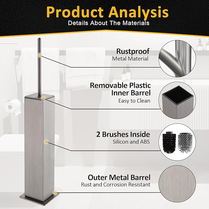 Toilet Brush and Holder Floor Standing, Brushed Nickel with 2 Replaceable Heads, Freestanding Toilet Bowl Brush with Removable Liner and Splash Guard, Modern Square Design