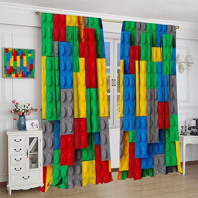 Kids Building Blocks Toy Curtains for Kids Room W42 x L54 Inch Rod Pocket Contour Plastic Colorful Toy Bricks Geometric Print Pattern Curtains for Boys Girls Bedroom 2 Panels