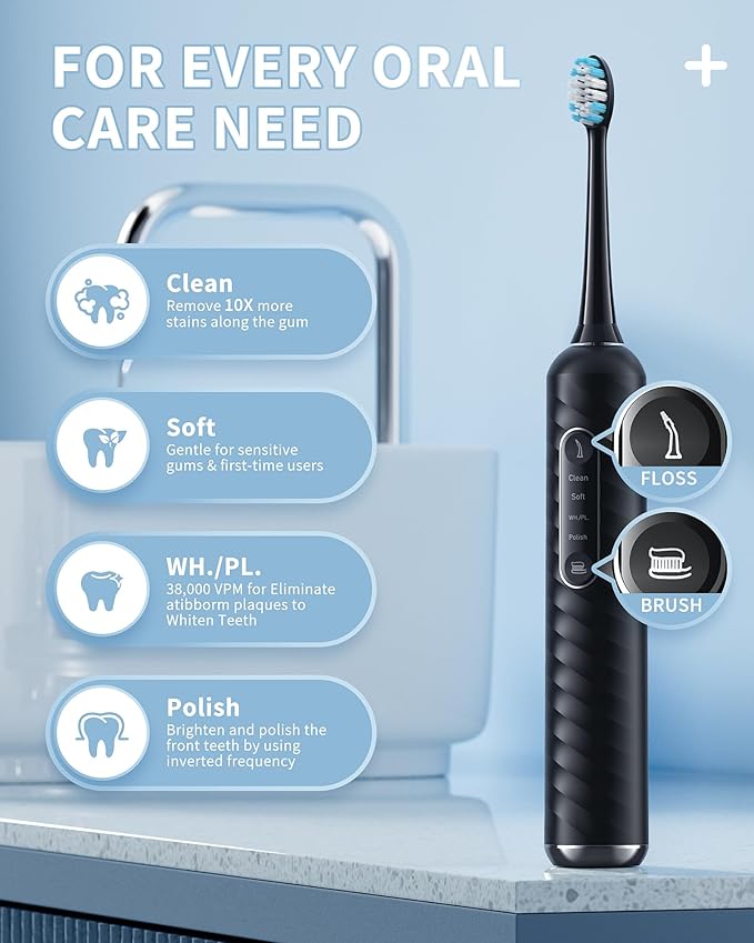 Electric Toothbrush with Water Flosser – 2-in-1 Teeth Cleaning Kit, Electric Toothbrush and flosser Combo，Toothbrush with 3 cleaning modes, Portable water flosser Design for Home & Travel (Black)