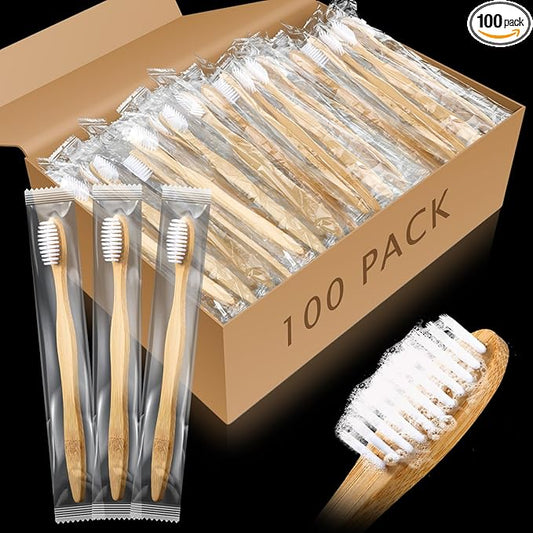 Sliner 100 Packs Prepasted Disposable Toothbrush Bamboo Prepasted Individually Wrapped Pre Pasted Toothbrush with Bamboo Handles Homeless Gift Set for The Homeless (Classic Color)
