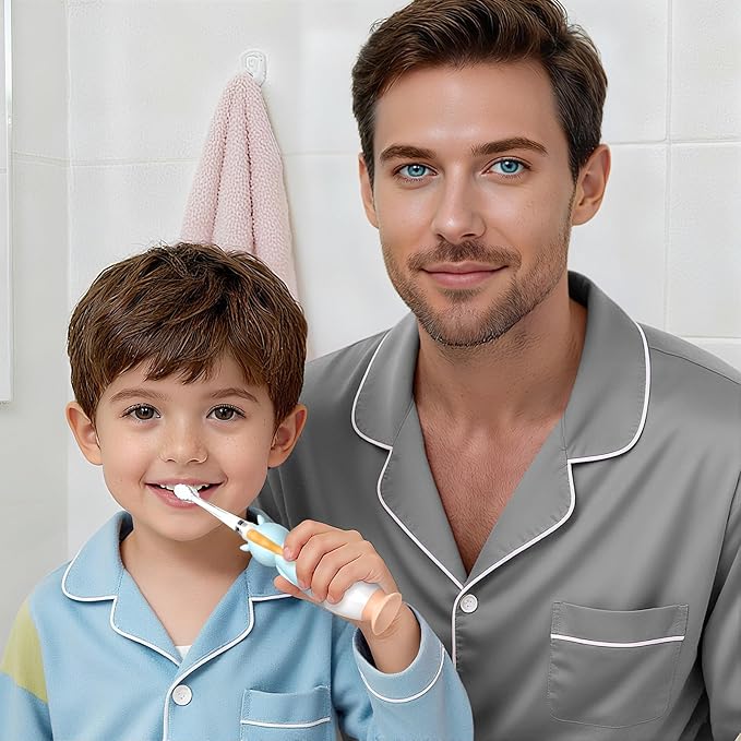 YUNCHI Toddler Electric Toothbrush Kids 0-3-6 Years, Baby Electric Toothbrush with Colorful LED Light, Battery Powered Toddler Toothbrush with 2 Minutes Timer 4 Brush Heads, Infant Toothbrush (Blue)