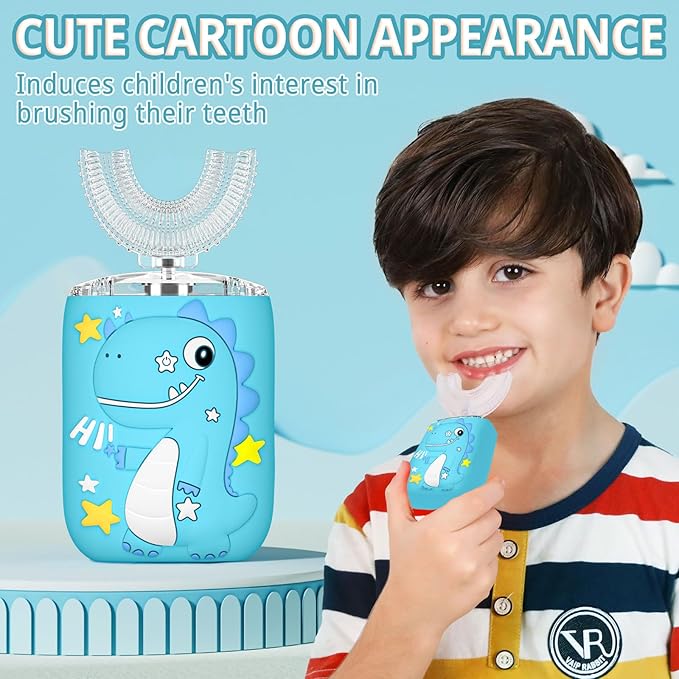 Kids Electric U Shaped Toothbrush,Kids Dinosaur Sonic Full Mouth Toothbrush with 4 Soft Brush Head Automatic 6 Cleaning Modes IPX7 Waterproof 360 Degree Cleaning - Age8-15 Watermelon Blue