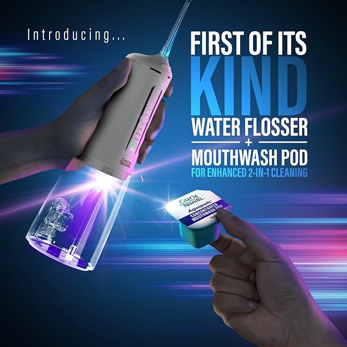 GuruNanda Advanced Dental Water Flosser 3.0 with UV Mode Water Flosser & 24 Aquapods with Mouthwash for Fresh Breath & Plaque Removal, Compact & TSA-Approved