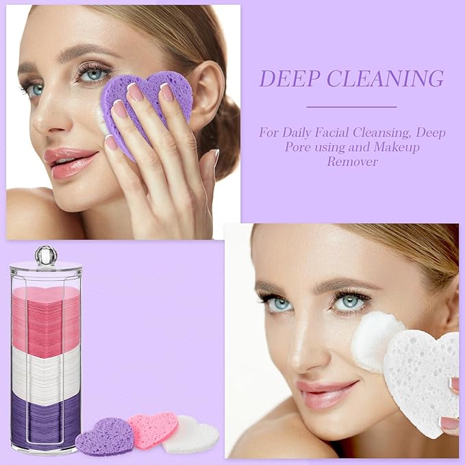Sieral 120 Pcs Compressed Facial Sponges with Container Disposable Face Sponge Pads for Washing Face Cleansing Exfoliating Esthetician Makeup Removal(Heart,Multicolor)