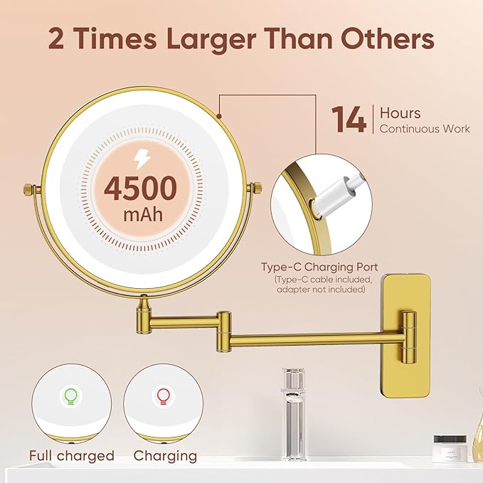 8" Wall Mounted Lighted Makeup Mirror, Rechargeable 1&7X Magnifying Mirror with Light, | 3 Color LED Lighting & Touch Control | 360° Rotation & Extended Arm Wall Mounted Makeup Mirror M1406DGJ(8",7X)