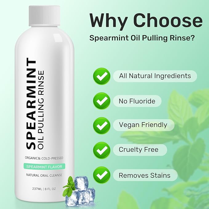 Spearmint White Oils Pulling Rinse-Natural Mouthwash with Organic Cold-Pressed Coconut Oil，White Oil Pulling Rinse for Teeth and Gums，Fresh Breath & Oral Care（2pc）