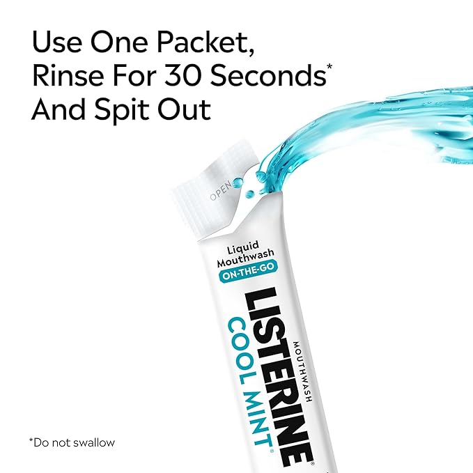 Listerine On-The-Go Cool Mint Alcohol Free Mouthwash Packets, Oral Rinse in Individual Packets Kills Bad Breath Germs, Less Intense Taste, Cool Mint Flavor, Mini Travel Size, 0.33 fl oz., 30 Pack