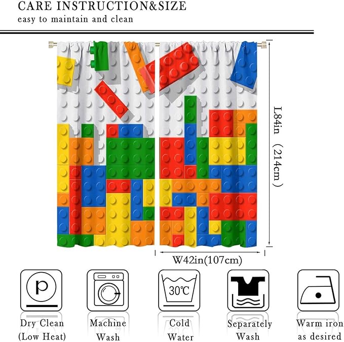 Building Blocks Toy Curtain Rod Pocket Children's Nursery Abstract Outline Colorful Plastic Toy Brick Geometric Print Pattern Curtain Boys Girls Bedroom Playroom 2 Panels 84x84in