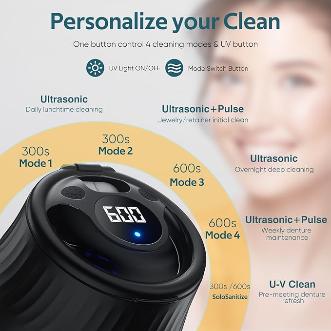 Ultrasonic Retainer Cleaner Machine- 45kHz Denture Cleaner, 200ML Dental Cleaning Pod for Aligners, Mouth Night Guards, Toothbrush Heads & Jewelry, 4 Cleaning Modes, Digital Timer, Black
