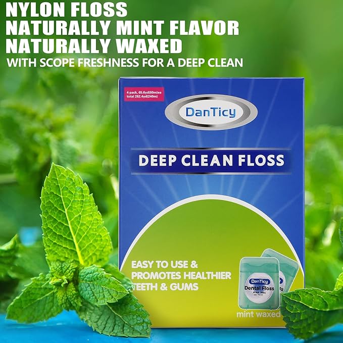 Dental Floss Deep Clean Waxed Floss Extra Wide Cleaning Slides Smoothly & Easily Perfect for Individuals with Tight & Small Gaps Between Teeth PFAS Free | Mint Flavored 66Yards x 4 Pack 630D