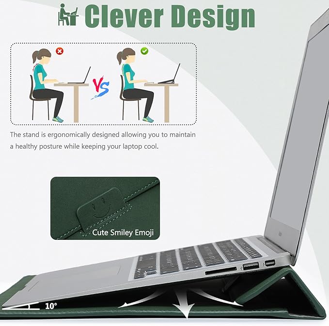 HYZUO 13 Inch Laptop Sleeve Case with Stand for 2025-2018 MacBook Air 13 M4 M3 M2 M1, 2025-2016 MacBook Pro 13 M2 M1, 13" iPad Pro/Air, Surface Pro 11/10/9, XPS 13, with Pouch, Midnight Green