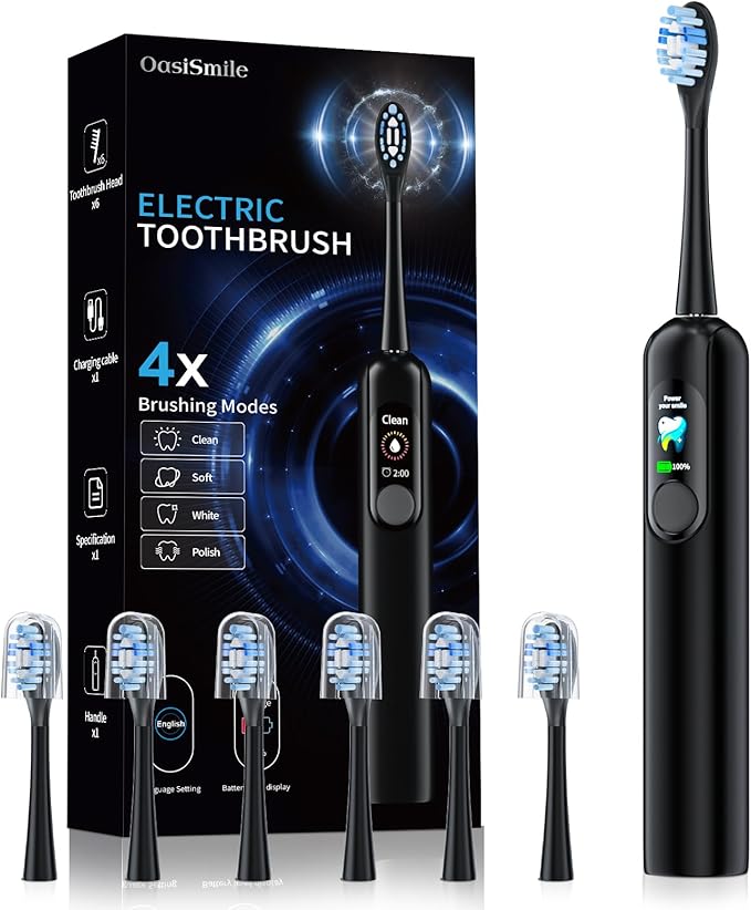 Sonic Electric Toothbrush for Adults with LED Display - 38400 VPM Deep Clean, 6 Brush Heads & 45-Day Battery Life, IPX7 Waterproof, 4 Modes Rechargeable Toothbrush for Home/Travel