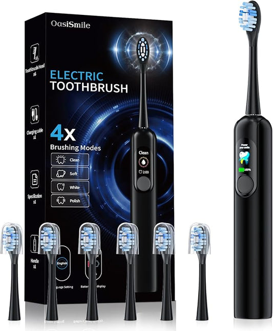 Sonic Electric Toothbrush for Adults with LED Display - 38400 VPM Deep Clean, 6 Brush Heads & 45-Day Battery Life, IPX7 Waterproof, 4 Modes Rechargeable Toothbrush for Home/Travel