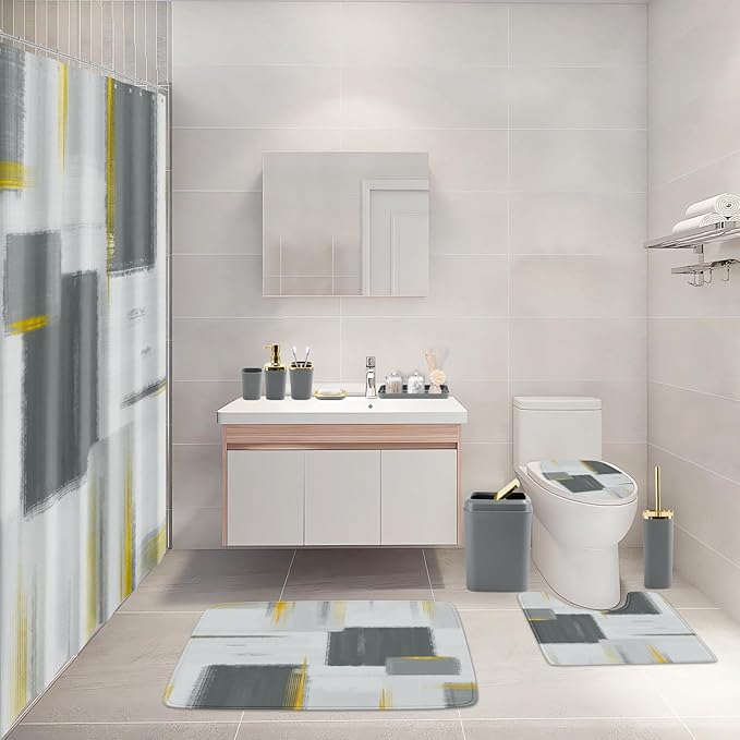Bathroom Set - Grey and Gold Bathroom Accessories Set, Bathroom Sets with Shower Curtain and Rugs, Grey Shower Curtain Set with Bathroom Trash Can, Soap Dispenser, Soap Dish for Home Decor
