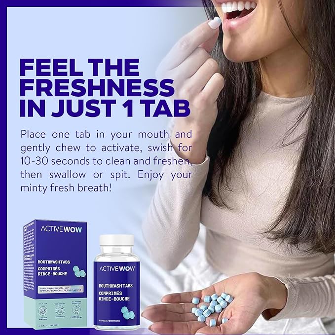 Active Wow Mouthwash Tablets - Chewable Mouth Wash, Breath Freshening Tablets, Fluoride-Free, Alcohol-Free, Vegan, Sugar-Free, Mint Flavor - 1 Pack, 60 Tablets