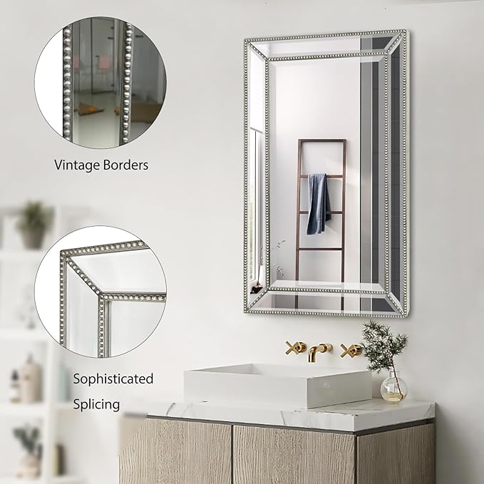 Bathroom Medicine Cabinet with Silver Metro Beaded Wooden Frame, 16x26 Inch Retro Bevel Mirror, Recessed or Surface Mount Bathroom Cabinet,Space-Saving Storage Cabinet