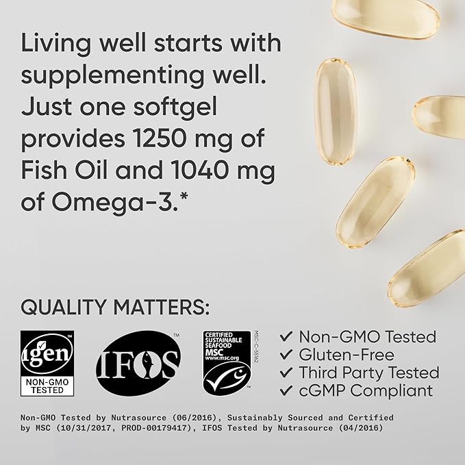 Sports Research Triple Strength Omega 3 Fish Oil - Burpless Fish Oil Supplement w/EPA & DHA Fatty Acids from Single-Source Wild Alaska Pollock - 1250 mg, 90 ct