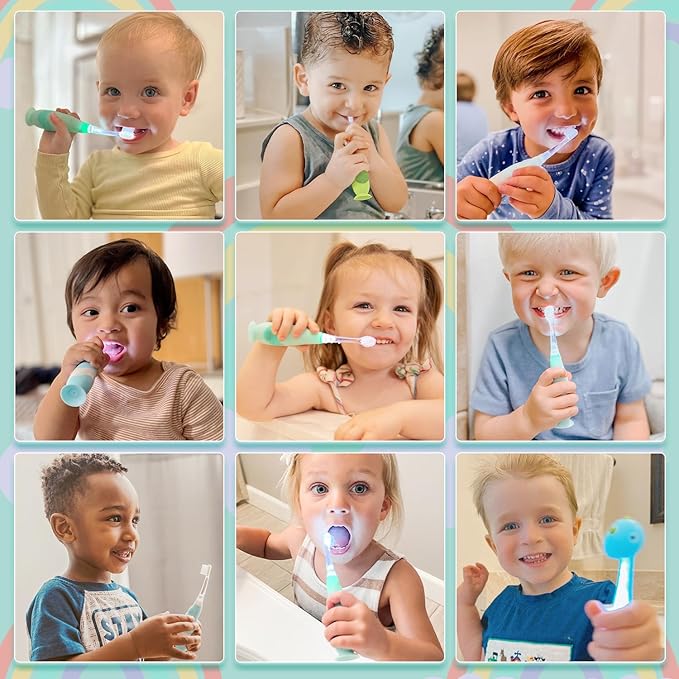 Papablic Toddler Sonic Electric Toothbrush Kids for Ages 1-3 Years, Baby Electric Toothbrush with Cute Dino Cover and Smart LED Timer, 4 Brush Heads (Jo)
