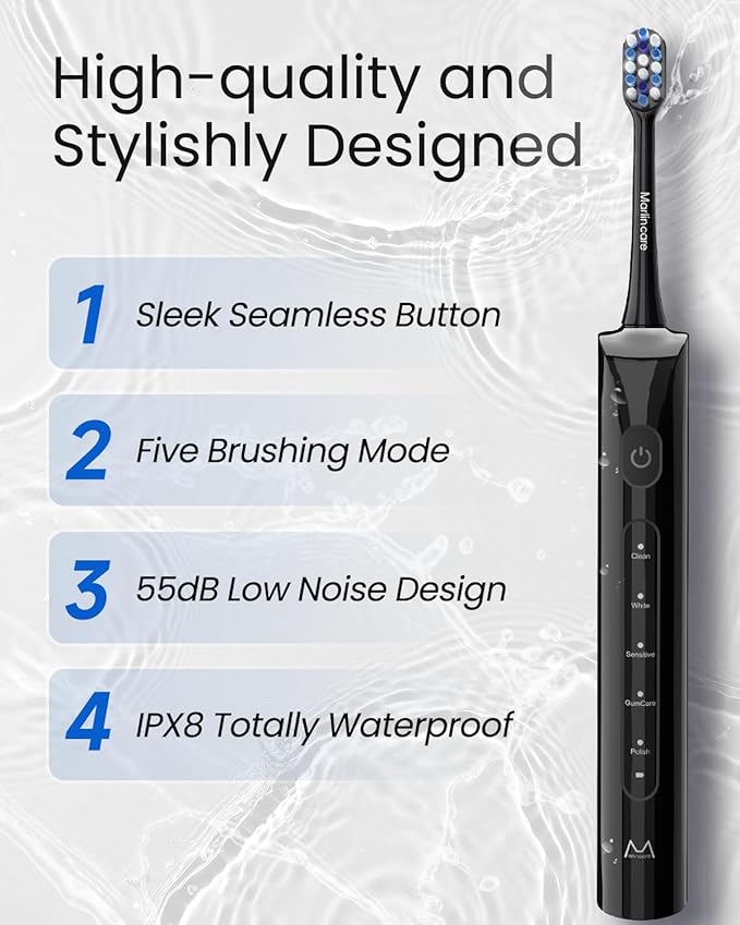 Electric Toothbrush for Adults, Rechargeable Sonic Travel Toothbrush Teens with 4 Brush Heads-180 Days Battery Life, 55000VPM, 5 Modes Smart Timer& Travel Case, Black