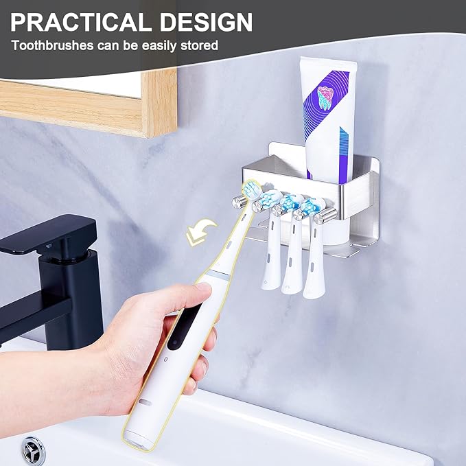 Electric Toothbrush Head Holder, Stainless Steel Tooth Brushing Holder Storage Toothpaste Razor, Wall Mounted Toothbrush Holders for Shower Bathroom, Adhesive Tooth Brush Head Holder Organiser