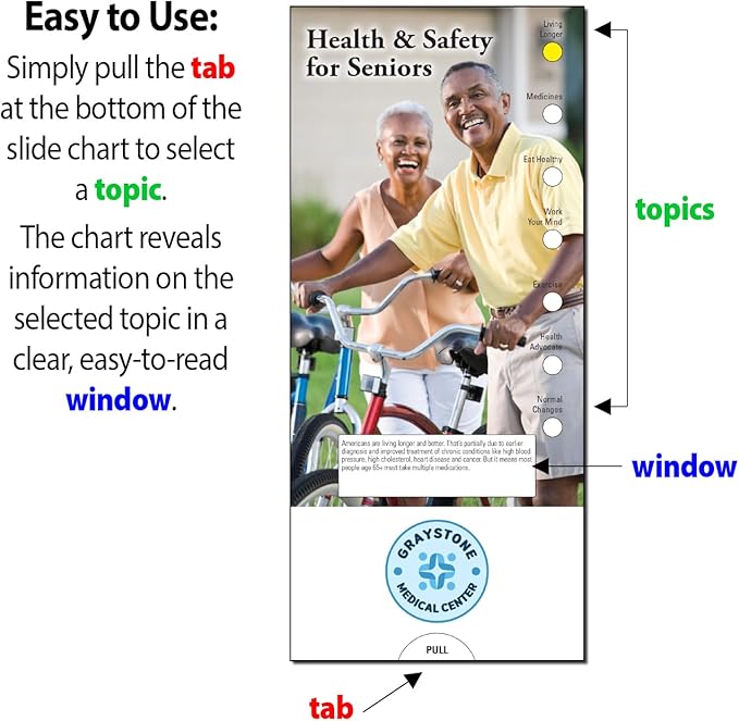ZOCO - Health & Safety for Seniors Slide Chart - Custom Promotional Item (Pack of 250) - Medications, Exercise, Mental Wellness - Doctor’s Office, Clinics, Nursing Homes Handout - 3.75 x 8.5 in.