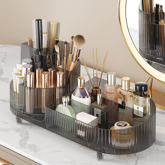 360° Rotating Makeup Organizer for Vanity - Large Capacity Cosmetic Display Case Countertop Cosmetic Storage Holder with Makeup Brush Holders （Gray）
