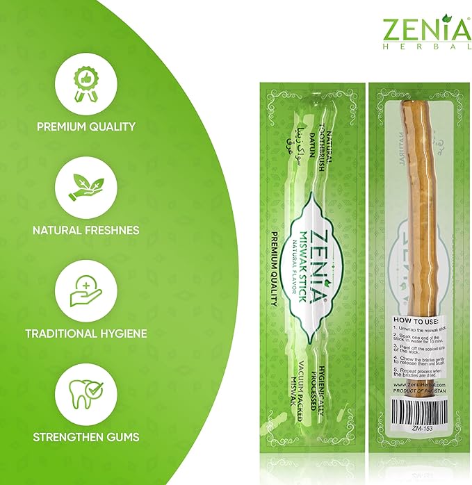 Zenia Sewak Natural Miswak Toothbrush - Vacuum Sealed Natural Flavor Traditional Peelu Toothbrush Stick - for Healthy Gums, Teeth, and Fresher Breath (Pack of 12)