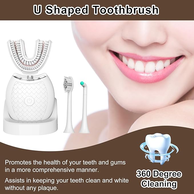 Magentak Electric U Shaped Toothbrush for Adult,360 Degree Automatic Cleaning, Ultrasonic Tooth Brush has 23760 Nylon Bristles and 3 Modes Standard, Fast, Ultra Fast(White)