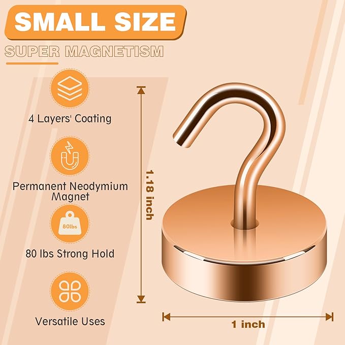 Neosmuk Magnetic Hooks, Cruise Ship Essentials, 80lb+ Heavy Duty Magnetic Hooks for Cruise Cabins, Refrigerator, Grill, Hanging, and Travel | Extra Strong Must-Haves Magnet Hook,Bronze