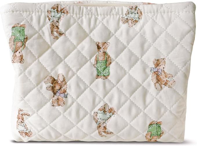 HAPPYHEIDI Cotton Quilted Makeup Bag Cosmetic Toiletry Travel Pouch Purse accessory Organizer,Cute Bears