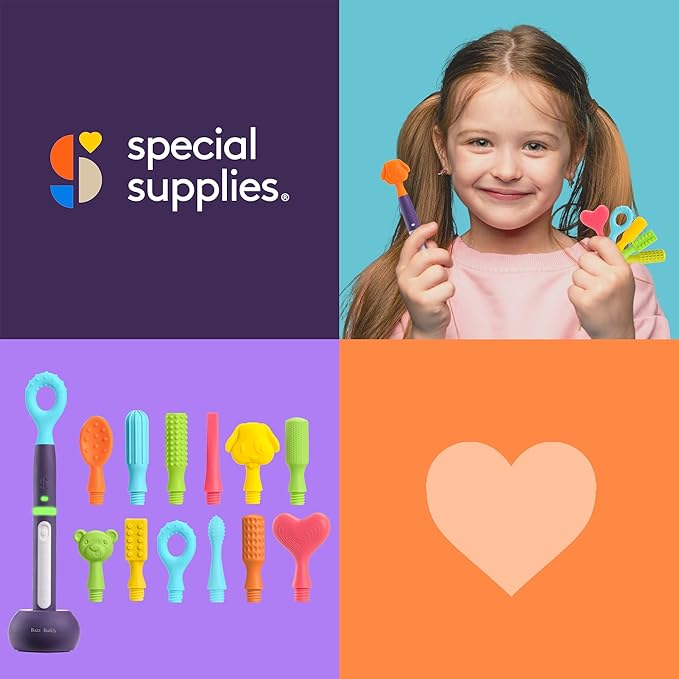 Special Supplies Rechargeable Buzz Buddy Oral Motor Stimulation kit with 12 Soft Textured Interchangeable Heads, Calm Sensory Needs, Support Speech, and Stimulate Self Feeding, Gentle Vibrations