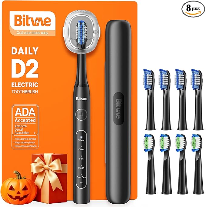Bitvae ADA Accepted Electric Toothbrush, Travel Toothbrush Rechargeable for Adults and Kids, 60-Day Battery, 5 Modes, 8 Heads, Portable Travel Case & Holder, Shadow Black