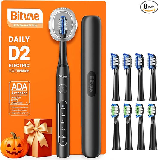 Bitvae ADA Accepted Electric Toothbrush, Travel Toothbrush Rechargeable for Adults and Kids, 60-Day Battery, 5 Modes, 8 Heads, Portable Travel Case & Holder, Shadow Black
