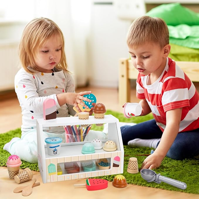 Wooden Ice Cream Toys for Kids Ice Cream Counter Shop for Toddlers Pretend Play Food Scoop and Serve with Scoop & Menu & Fake Money for Boys and Girls Ages 3 4 5 6 (Beige)