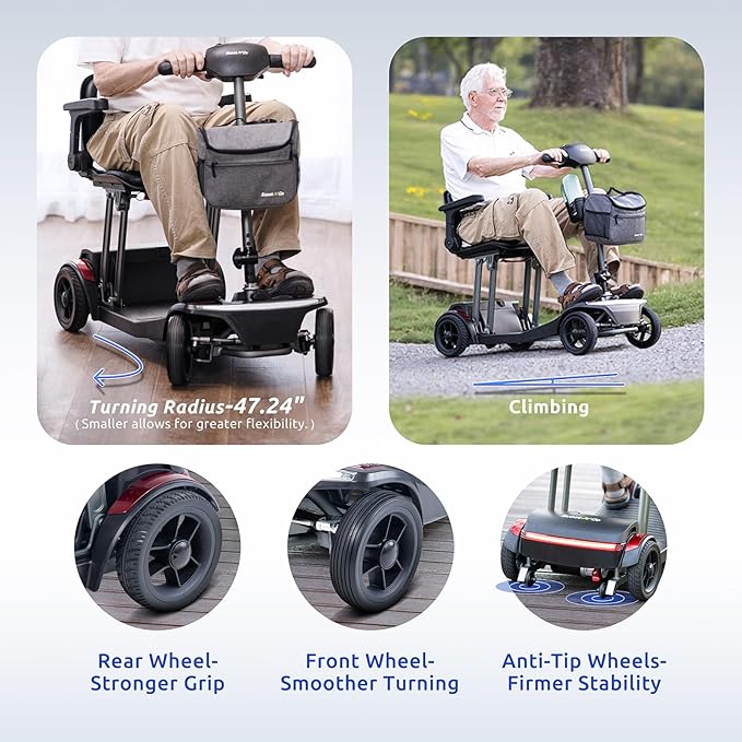 Mobility Scooters for Seniors & Adults Lightweight Foldable 15.53 Miles Airline Approved Removable Battery Powered Wheelchair with Detachable Front Bag & USB Charger Port