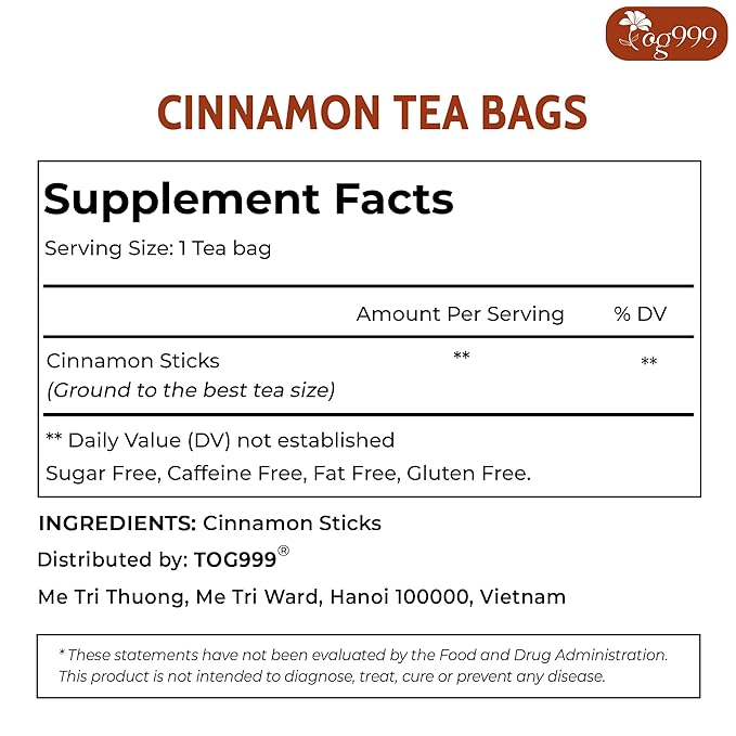 TOG999, Premium 25 Tea Bags - Special Cinnamon Tea, 100% Natural & Pure, Herbal Tea. Cinnamon Stick Herbal Spice