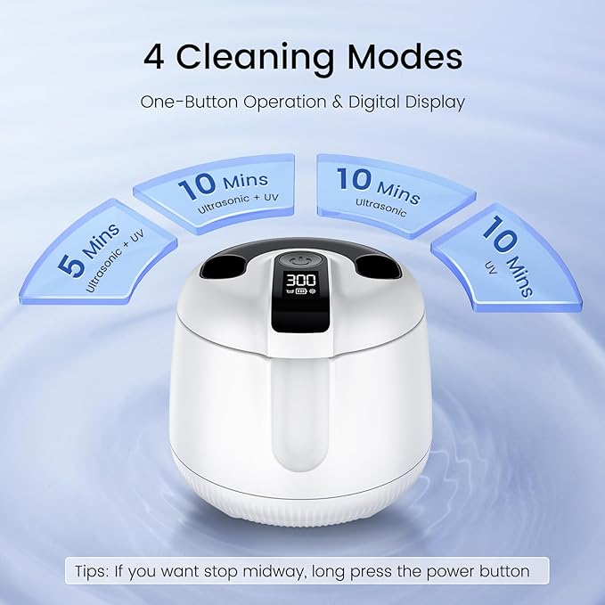 MEKO Cordless Ultrasonic Retainer Cleaner Machine, 48kHZ Rechargeable Denture Cleaner with 4000mAh Battery, IPX5 Waterproof Dental Pod for Aligner, Braces, Jewelry, Toothbrush Head-White
