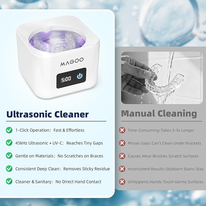 Ultrasonic Retainer Cleaner Machine, Denture Cleaner, All-in-One Dental & Jewelry Cleaner for Aligners, Night Guards, Dentures, Braces, Mouth Guards, Toothbrush Heads, 45kHz, 200ML, Dual Modes