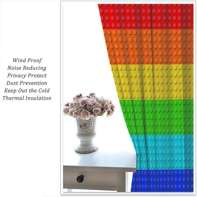 Colorful Building Block Toy Curtain Rod Pocket Children's Nursery Rainbow Contour Plastic Toy Brick Geometric Print Pattern Curtain Boys Girls Bedroom Playroom 2 Panels 63x63in