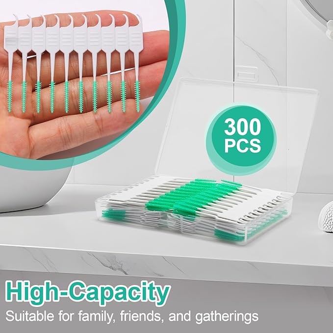 300PCS Dental Floss Picks,Dual-Use Interdental Brushes,Soft Silicone Brush Head Toothpicks, Tooth Picks Flossers for Teeth Braces Cleaning (Orange)
